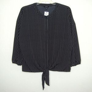 NWT ALFANI Button Front Tie Tiny Frames Blouse Black White Classic